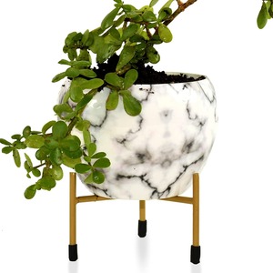 Designer <b>White</b> Marble Effect Metal Floor <b>Planter</b> For Indoor Plant Arrangement Contemporary Home Styling And Decorative Use - Product Image 5