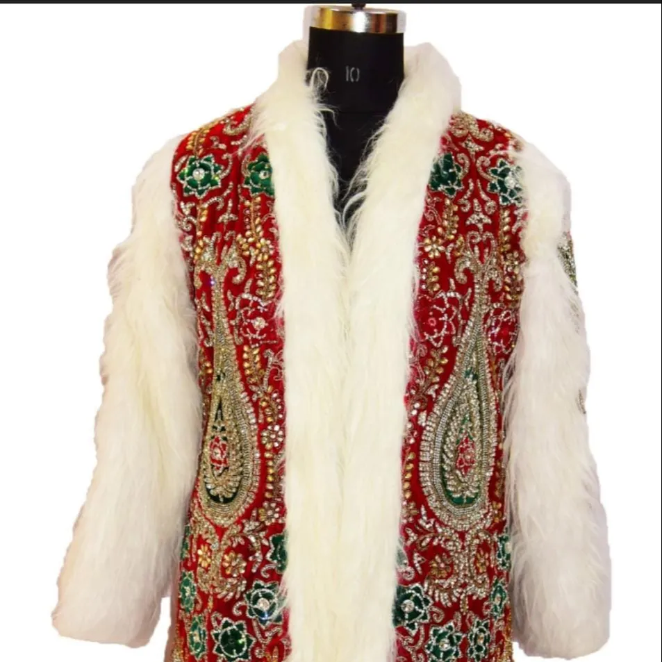 2022 Embroidered Vintage Fur Zari Work Jacket For Winter A Classy Outfit For Women With White Faux Fur