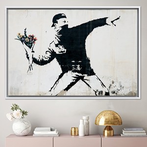 Printed Canvas Artwork: Banksy Flowers Graffiti Art Decor,WHITE <b>FRAMED</b> CANVAS - Product Image 1
