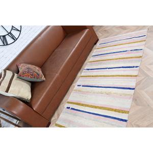 Tapis turc vintage 2,9x7,1 pieds, tapis bleu et blanc à bordures - Product Image 4