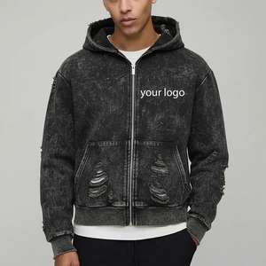 Wholesale <b>Oversized</b> Plus Size 100% Cotton Distressed Blank Loose Pullover <b>Vintage</b> Acid Wash Hooded <b>Sweatshirt</b> Men's Eco-Friendly - Product Image 3