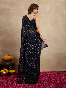 Trendmalls Saree à broderie en georgette pour femmes avec chemisier non cousu pour les mariages d'été/d'hiver (K1050-Black) - Product Image 3