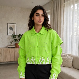 Custom Neon Green Vintage Windproof Denim <b>Jacket</b> for Women <b>Rhinestone</b> Flame Print Streetwear Zip up Casual OEM ODM Factory - Product Image 1