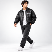 Blouson universitaire en cuir noir pour homme avec logo personnalisé, blouson bomber d'hiver, poignets en tricot côtelé, vêtements de rue, vestes en cuir OEM