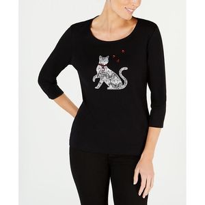 T-Shirt da Donna Karen Scott con Grafica Gatto, in Jersey di Cotone Traspirante, Abbigliamento Estivo, con Paillettes, Vestibilità Aderente, Taglie S-XL, Nero - Product Image 1