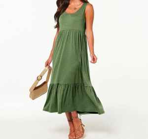 Vestido de columpio informal de verano sin mangas con cuello redondo para mujer, Vestido de playa Maxi con patrón sólido, bolsillos para fiestas, temporada de primavera, Natural - Product Image 1