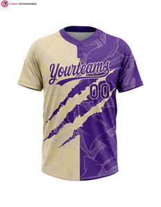 Jersey de softbol unisex personalizado Dos botones Púrpura-Crema Diseño de rasguño Jugador juvenil Equipo Jersey de Softbol - Product Image 2