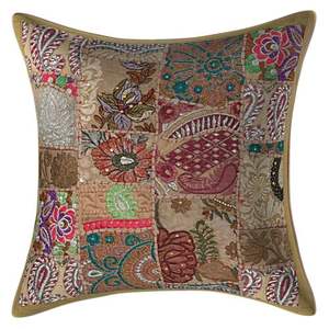 17'' Vintage Indian Handcrafted Embroidered Beaded Patchwork Throw <b>Pillow</b> Cover Silk Ethnic Print Home <b>Decor</b> Customizable - Product Image 1