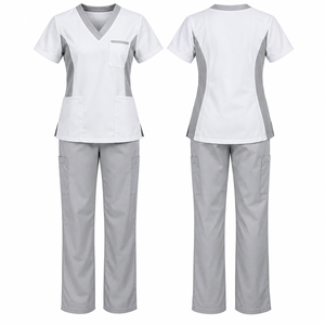 Ensemble de blouses médicales unisexe personnalisé Goldtex blanc-gris à col en V et manches courtes, pantalon, uniforme d'hôpital en Spandex/Polyester Denim Needle - Product Image 1