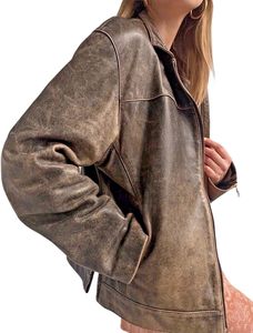 Chaqueta antigua de cuero desgastado de gran tamaño para mujer, abrigo holgado de cuero de oveja genuino de motorista ligero - Product Image 2
