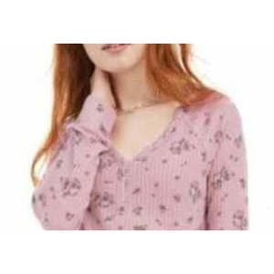 Top Henley rosa taglia piccola per ragazze Ultra Flirt, tessuto lavorato a maglia con texture waffle e stampa floreale - Product Image 2