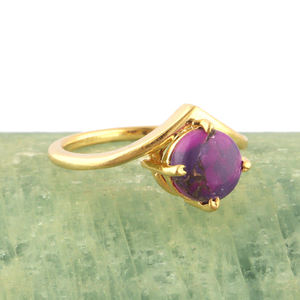 Stunning 8mm Round Shape Mohave Purple Copper <b>Turquoise</b> Stackable <b>Ring</b> Brass <b>Gold</b> Plated Prong Setting Handcrafted 8US Size <b>Ring</b> - Product Image 3