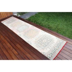 Alfombra Turca de 2.4x10.4 pies, Alfombra Vintage de Lana con Diseño Floral en Blanco y Gris - Product Image 2