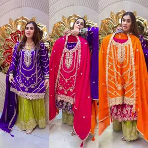 Salwar Kameez Moderno con Bordado Intenso, Seda Chinnon Pura con Trabajo de Lentejuelas, Bordado Completo, para Bodas y Fiestas - Product Image 2