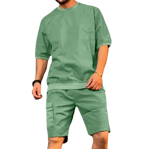Conjunto de Camiseta y Pantalones Cortos Deportivos Casuales de Verano para Hombre, con Logotipo Personalizado, Color Sólido, Hombros Caídos, Talla Grande, Secado Rápido y Transpirable, Novedad de 2025 - Product Image 1