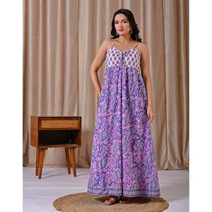 Vestido de Algodón Estampado en Bloques Blanco y Morado con Tirantes Finos y Cintura Imperio, Estilo Elegante Casual para Oficina, Transpirable y Cómodo - Product Image 3