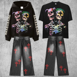 Sweat-shirt et pantalon de survêtement en molleton bouclette 400 g/m² 100 % coton, légers, effet vieilli, délavés par le soleil, coupe oversize, avec broderie patchwork - Product Image 1