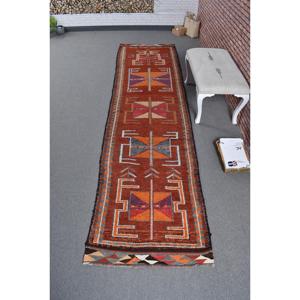 Vintage Herki Runner Rug 2.9x11.7 ft (88x358 Cm) Turkish <b>Brown</b> Patchwork <b>Wool</b> Rug with Latex Backing - Product Image 1