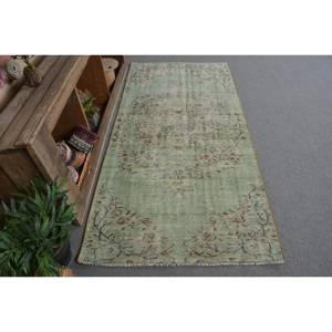 Vintage Turkish Rug Large Area 3.4 X 6.8ft Handmade Wool with Latex Backing Green Beige Patchwork Design for Hallway or Room - Product Image 1