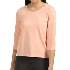 Camiseta de Manga Tres Cuartos con Cuello en V de Punto Transpirable de Verano de Alta Calidad y Corte Regular para Mujer, Personalizada, 100% Algodón - Product Image 4