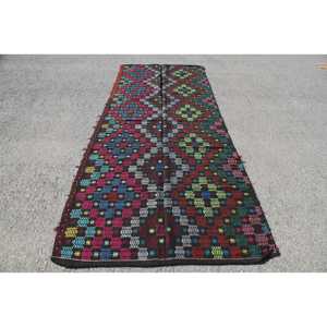 Alfombra Vintage, Alfombra Turca Grande de 4.5x11 pies, Alfombra de Lana a Cuadros Azul y Roja - Product Image 1