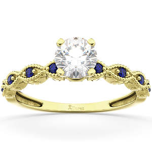 Bague de fiançailles vintage en or jaune 14 carats avec saphir bleu de 1,00 carat et diamant, style romantique, bijoux en pierres précieuses pour les mariages - Product Image 1