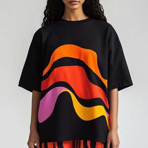 T-shirt d'été oversize en coton doux imprimé de vagues abstraites, col rond, épaules tombantes, demi-manches, noir, décontracté pour femmes - Product Image 4