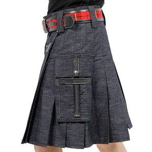 Kilt de Mezclilla que Combina el Denim Resistente con Elegantes Detalles de Cuero, Bolsillos Tipo Cargo, Diseño Versátil, Kilt para Hombre - Product Image 3