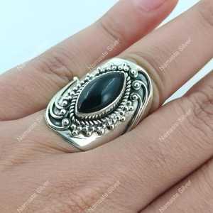 Handmade 925 Sterling Silver Boho <b>Ring</b> Black Onyx Marquise Inlay 18K Plating <b>Statement</b> Gift for Her Black Onyx Silver <b>Ring</b> - Product Image 6