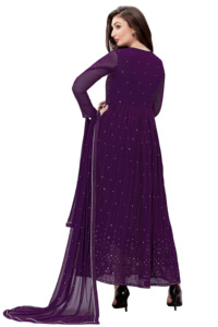 Trendmalls ชุด Anarkali Kurta ปักลายผ้าจอร์เจียแท้สำหรับสตรีพร้อมชุด Salwar สีม่วง (G88)-สไตล์ชาติพันธุ์ - Product Image 2