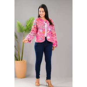 100% Cotton Pink Quilted Patchwork <b>Jacket</b> Reversible Satin Blazer Floral <b>Lightweight</b> Custom XL for <b>Ladies</b> for Spring Autumn - Product Image 5