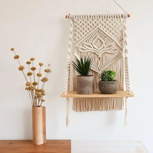 Modern White Macrame Wall <b>Hanging</b> With Wooden <b>Shelf</b> Suitable For Home Decoration Planter Holder And <b>Storage</b> From India - Product Image 1
