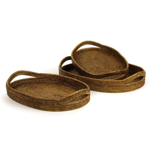 Lot de 3 plateaux de service en rotin tissé, parfait pour table de restaurant et service à dessert, lot de 3 formes ovales - Product Image 1