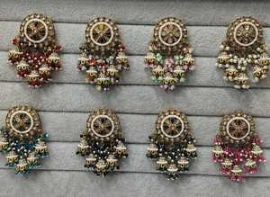 Indian Brass Multi Color Jewelry Floral Design Antique Vintage <b>Metal</b> Balls <b>Beads</b> Charm Chandbali Dangle Earring Set for Women - Product Image 2