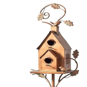Nichoir double en métal finition cuivre rustique | Support de jardin extérieur décoratif oiseau maison disponible prix de gros - Product Image 1