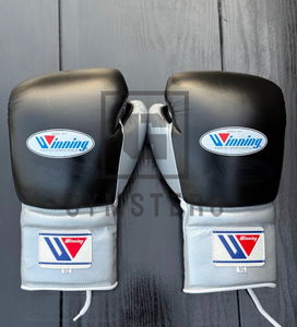 Gants de boxe sur mesure neufs, noirs/argentés, en cuir véritable, poignées professionnelles, fermeture à lacets, respirants - Product Image 6