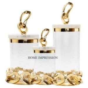 Bocaux de rangement en verre martelé de designer avec couvercles en marbre massif et bouton en laiton, couvercle écologique, ustensiles de cuisine pour la maison - Product Image 1