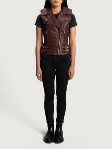 <b>Women's</b> Hazelnut <b>Brown</b> Genuine Leather <b>Vest</b> Biker Asymmetrical Zip Moto Sleeveless Jacket Casual Eco-Friendly Cotton USA - Product Image 4