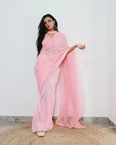 Saree indio listo para usar especial nuevo diseñador impreso trabajo Saree 2024 nueva colección de boda comprar al precio al por mayor