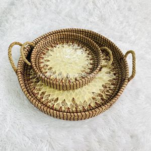 Plateau en jonc de mer 100% naturelle et en perles, plateau de service en laque pour la décoration de la maison, décor de Table basse - Product Image 1