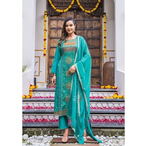 Muy recomendado Jacquard Kurti Pant and Dupatta Set Elegante estampado Algodón Fiesta Celebraciones de bodas tradicionales - Product Image 1