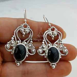 Black <b>Onyx</b> <b>Earrings</b>, 925 Sterling Silver Oval Dangle Handmade Boho Jewelry - Product Image 4