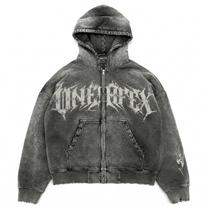 Dark <b>Grey</b> Washed <b>Zip</b> Up <b>Hoodie</b> Oversized Streetwear Graphic Fleece Sweatshirt Distressed Raw Hem Casual Unisex Jacket - Product Image 5
