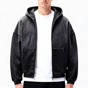 Custom Heavyweight Oversized <b>Zip</b> up Cotton Terry Streetwear Vintage Acid Wash Pullover Distressed <b>Pocket</b> <b>Hoodies</b> for <b>Men</b> - Product Image 3