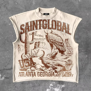 Camiseta de verano de dos piezas de punto transpirable con estampado DTG con logotipo personalizado, conjunto de chaleco informal de talla grande con tejido de rizo estilo Hip Hop - Product Image 2