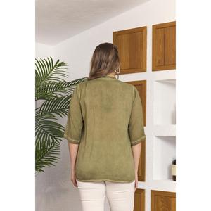 Blusa de Viscosa Color Caqui Talla Grande RMG con Detalle de Cuello con Lentejuelas para Mujer - Blusa de Verano Tejida Cómoda - Product Image 5