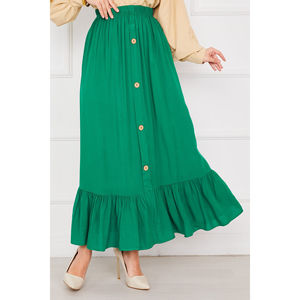 Emerald Green Chiffon Hijab <b>Skirt</b> with <b>Elastic</b> Waist and Button Detail Plain Dyed Adjustable Feature - Product Image 2