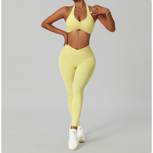 新作ジムフィットネスヨガウェア女性用スポーツハンギングブラとクロップレギンス女性用スポーツヨガパンツ2ピースセット - Product Image 5