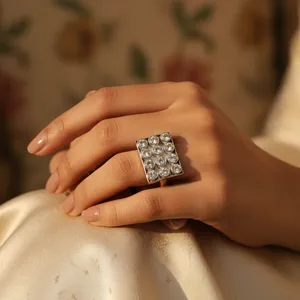 Rhodium Plated 925 <b>Silver</b> Cluster <b>Ring</b> With Round Crystal Pave Setting Geometric Design Unisex Classic Style - Product Image 3