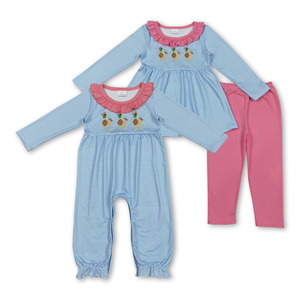 Conjuntos de ropa para niñas, pantalones rosa intenso con rayas azules, OEM/ODM/RTS, ropa de bebé al por mayor, conjunto de ropa de bebé. - Product Image 2